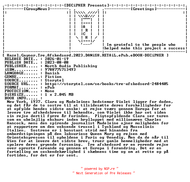 NFO for the release Hazel.Gaynor.Tre.Afskedsord.2023.DANiSH.RETAiL.ePub.eBOOK-DECiPHER by DECiPHER