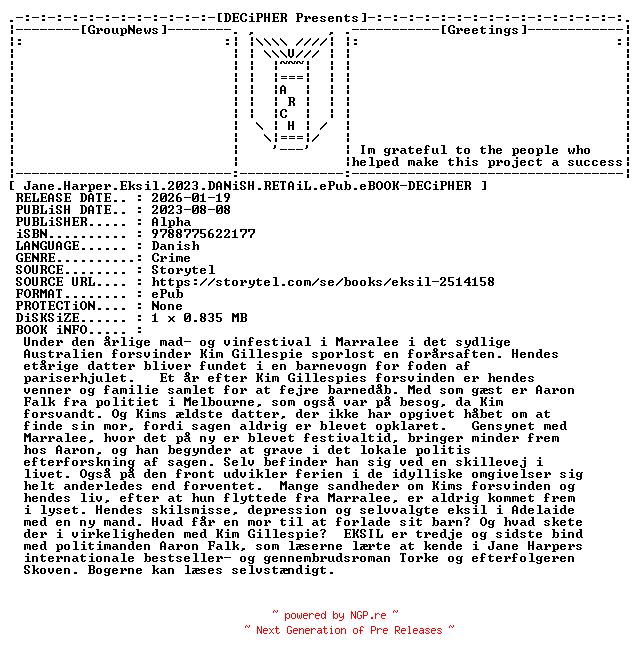 NFO for the release Jane.Harper.Eksil.2023.DANiSH.RETAiL.ePub.eBOOK-DECiPHER by DECiPHER