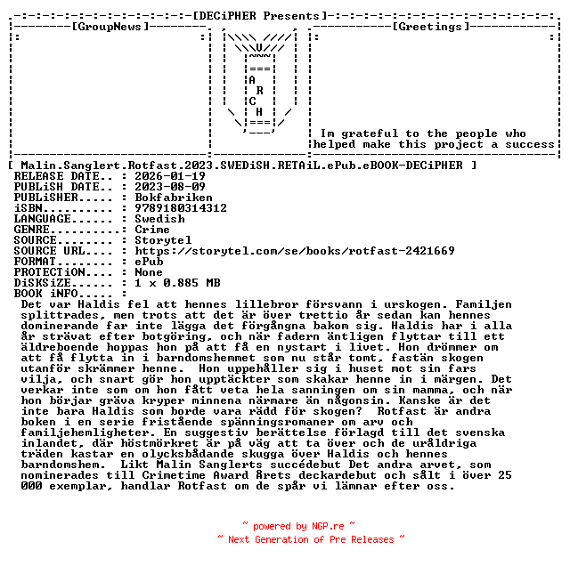 NFO for the release Malin.Sanglert.Rotfast.2023.SWEDiSH.RETAiL.ePub.eBOOK-DECiPHER by DECiPHER