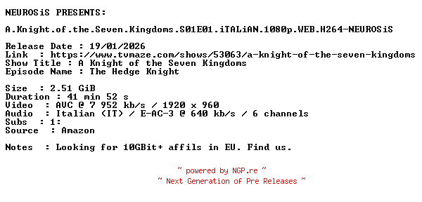 NFO for the release A.Knight.of.the.Seven.Kingdoms.S01E01.iTALiAN.1080p.WEB.H264-NEUROSiS by NEUROSiS