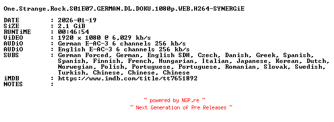NFO for the release One.Strange.Rock.S01E07.GERMAN.DL.DOKU.1080p.WEB.H264-SYNERGiE by SYNERGiE