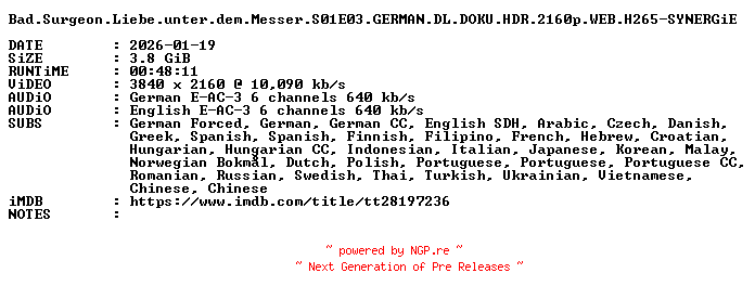 NFO for the release Bad.Surgeon.Liebe.unter.dem.Messer.S01E03.GERMAN.DL.DOKU.HDR.2160p.WEB.H265-SYNERGiE by SYNERGiE
