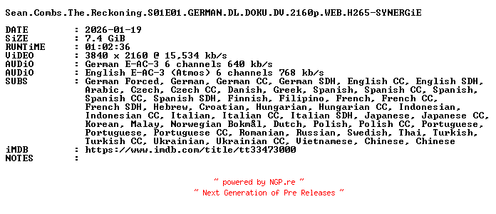 NFO for the release Sean.Combs.The.Reckoning.S01E01.GERMAN.DL.DOKU.DV.2160p.WEB.H265-SYNERGiE by SYNERGiE