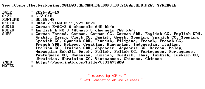 NFO for the release Sean.Combs.The.Reckoning.S01E03.GERMAN.DL.DOKU.DV.2160p.WEB.H265-SYNERGiE by SYNERGiE