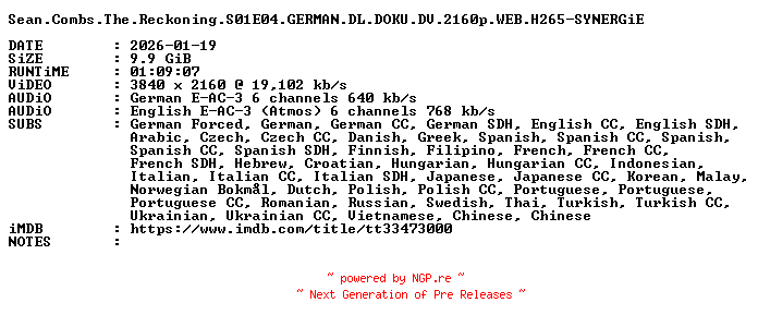 NFO for the release Sean.Combs.The.Reckoning.S01E04.GERMAN.DL.DOKU.DV.2160p.WEB.H265-SYNERGiE by SYNERGiE