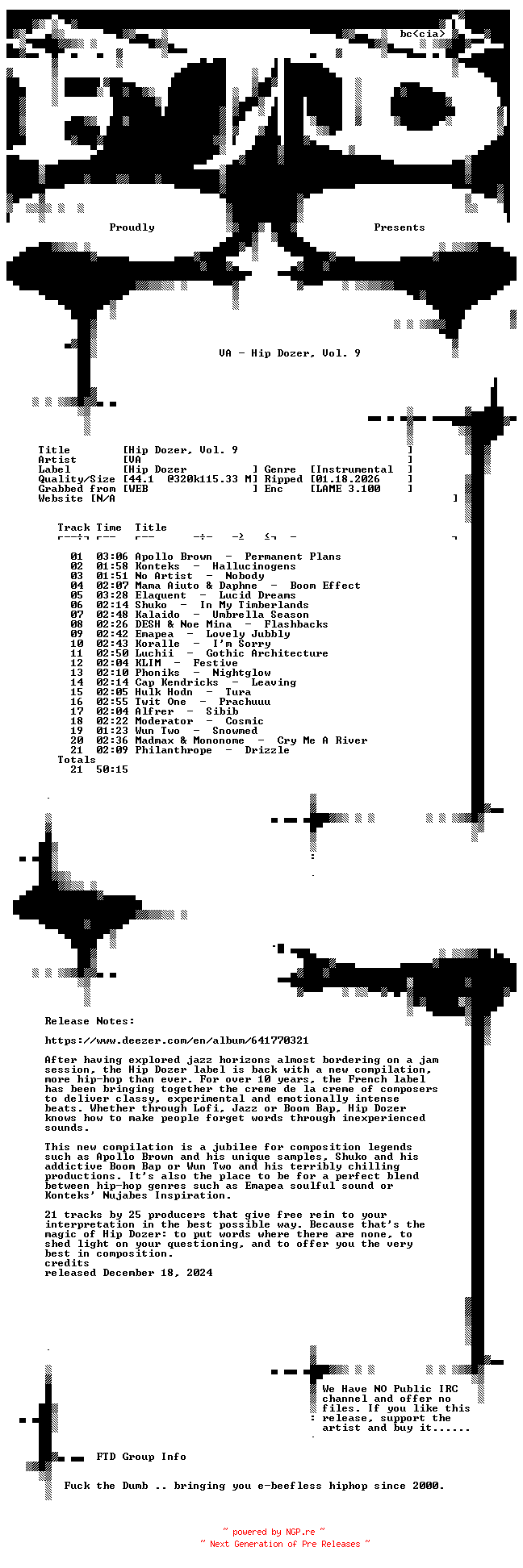 NFO for the release VA-Hip_Dozer_Vol._9-WEB-2024-FTD by FTD