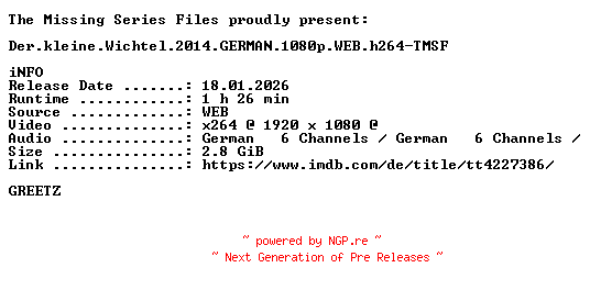 NFO for the release Der.kleine.Wichtel.2014.GERMAN.1080p.WEB.h264-TMSF by TMSF