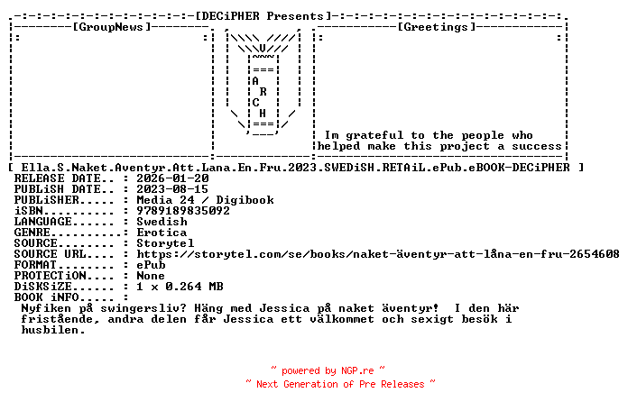 NFO for the release Ella.S.Naket.Aventyr.Att.Lana.En.Fru.2023.SWEDiSH.RETAiL.ePub.eBOOK-DECiPHER by DECiPHER
