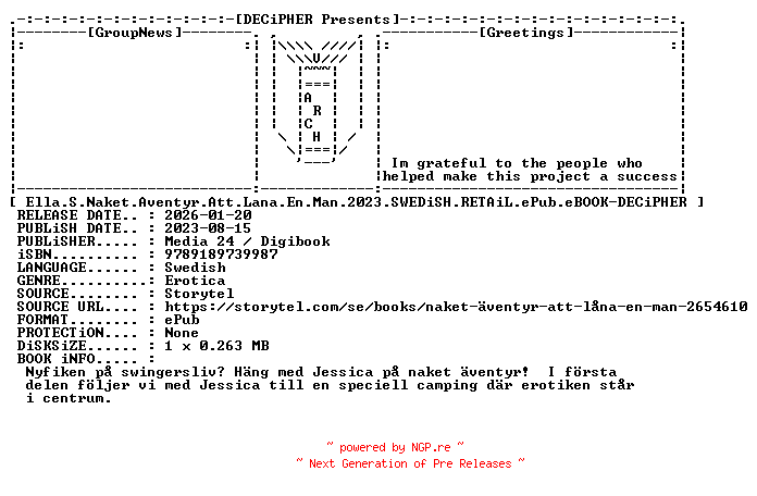 NFO for the release Ella.S.Naket.Aventyr.Att.Lana.En.Man.2023.SWEDiSH.RETAiL.ePub.eBOOK-DECiPHER by DECiPHER