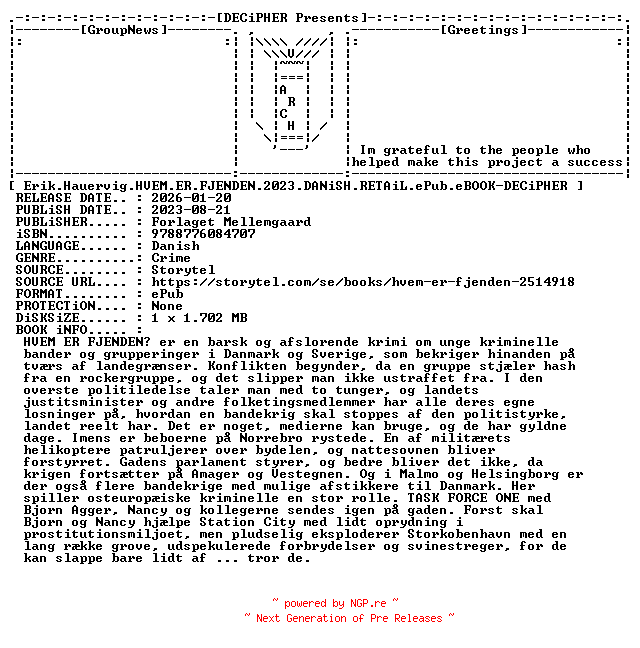 NFO for the release Erik.Hauervig.Hven.Er.Fjenden.2023.DANiSH.RETAiL.ePub.eBOOK-DECiPHER by DECiPHER