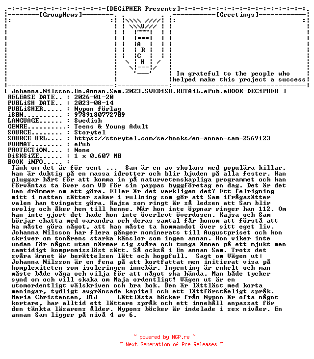NFO for the release Johanna.Nilsson.En.Annan.Sam.2023.SWEDiSH.RETAiL.ePub.eBOOK-DECiPHER by DECiPHER