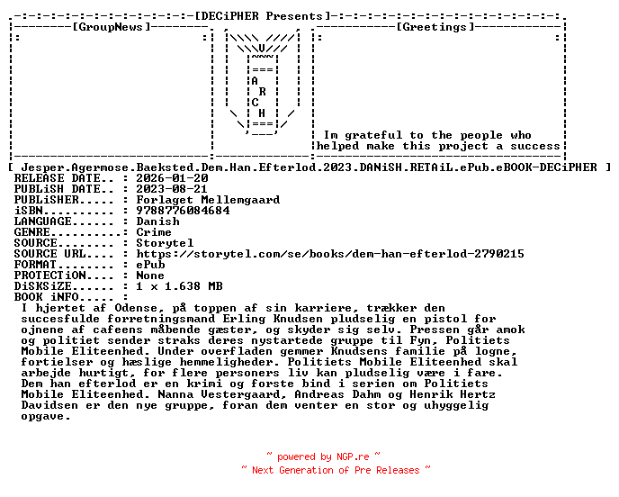 NFO for the release Jesper.Agermose.Baeksted.Dem.Han.Efterlod.2023.DANiSH.RETAiL.ePub.eBOOK-DECiPHER by DECiPHER