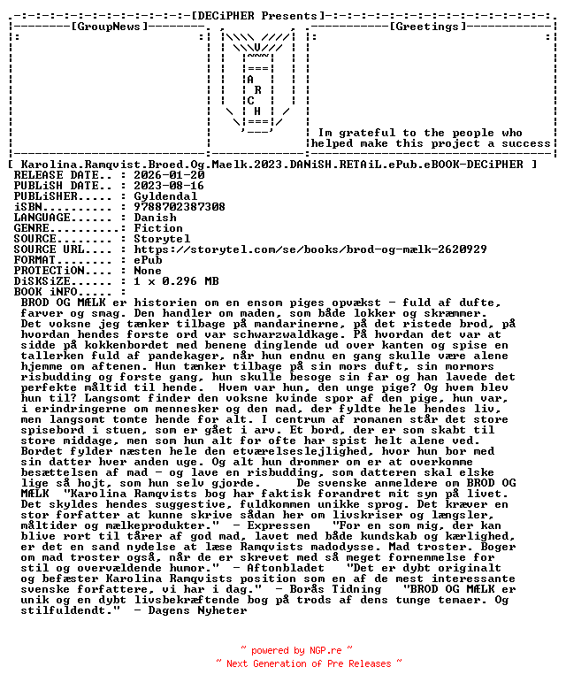 NFO for the release Karolina.Ramqvist.Broed.Og.Maelk.2023.DANiSH.RETAiL.ePub.eBOOK-DECiPHER by DECiPHER