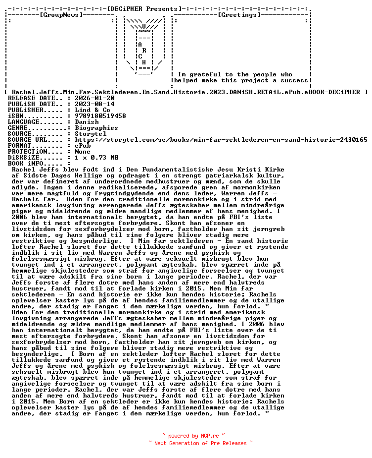 NFO for the release Rachel.Jeffs.Min.Far.Sektlederen.En.Sand.Historie.2023.DANiSH.RETAiL.ePub.eBOOK-DECiPHER by DECiPHER
