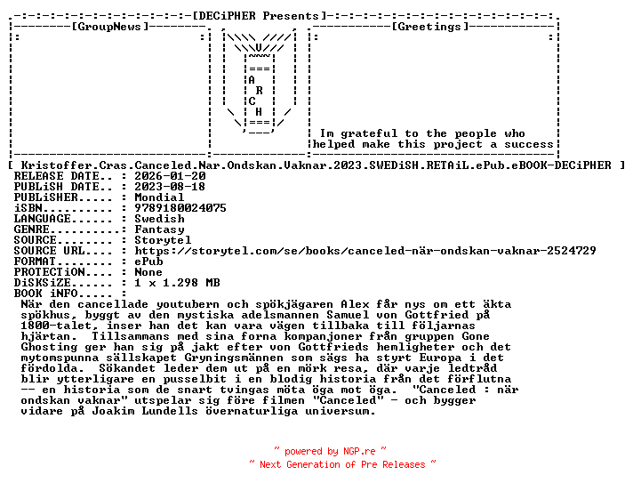 NFO for the release Kristoffer.Cras.Canceled.Nar.Ondskan.Vaknar.2023.SWEDiSH.RETAiL.ePub.eBOOK-DECiPHER by DECiPHER