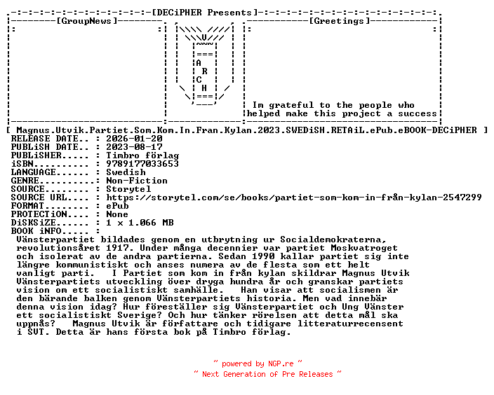 NFO for the release Magnus.Utvik.Partiet.Som.Kom.In.Fran.Kylan.2023.SWEDiSH.RETAiL.ePub.eBOOK-DECiPHER by DECiPHER