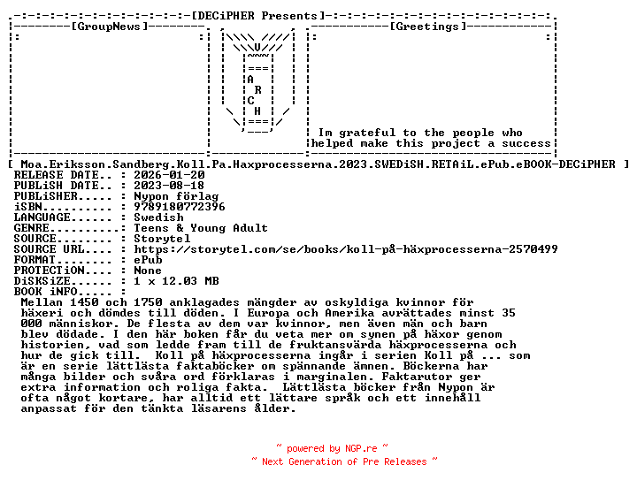 NFO for the release Moa.Eriksson.Sandberg.Koll.Pa.Haxprocesserna.2023.SWEDiSH.RETAiL.ePub.eBOOK-DECiPHER by DECiPHER