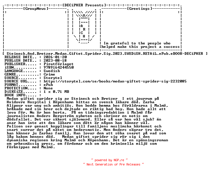 NFO for the release Steineck.And.Bretzer.Medan.Giftet.Sprider.Sig.2023.SWEDiSH.RETAiL.ePub.eBOOK-DECiPHER by DECiPHER