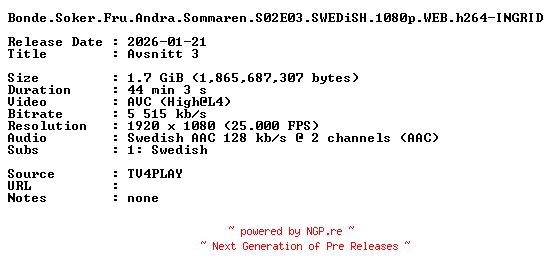 NFO for the release Bonde.Soker.Fru.Andra.Sommaren.S02E03.SWEDiSH.1080p.WEB.h264-INGRID by INGRID