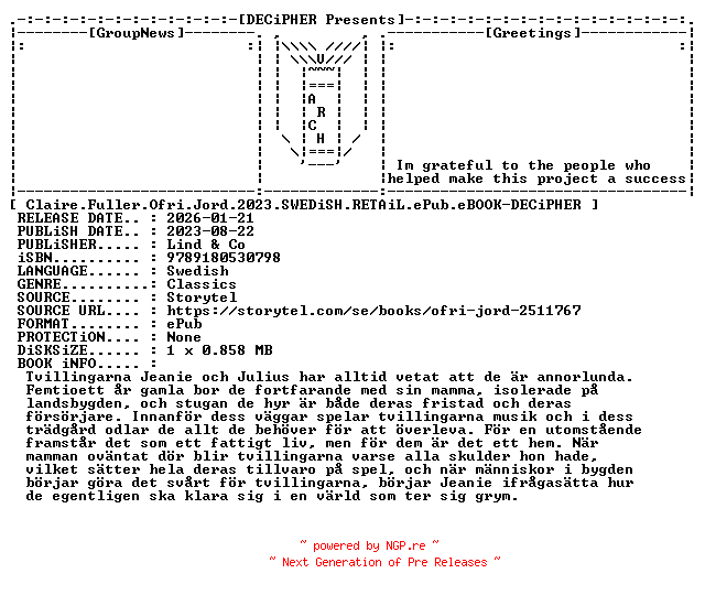 NFO for the release Claire.Fuller.Ofri.Jord.2023.SWEDiSH.RETAiL.ePub.eBOOK-DECiPHER by DECiPHER