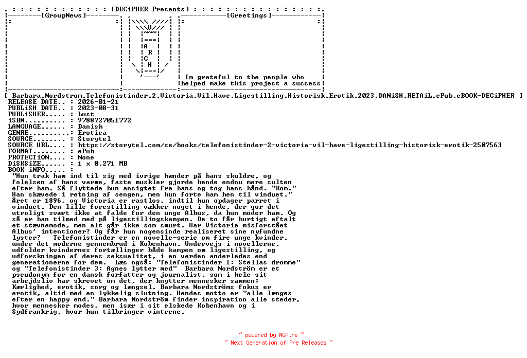 NFO for the release Barbara.Nordstrom.Telefonistinder.2.Victoria.Vil.Have.Ligestilling.Historisk.Erotik.2023.DANiSH.RETAiL.ePub.eBOOK-DECiPHER by DECiPHER