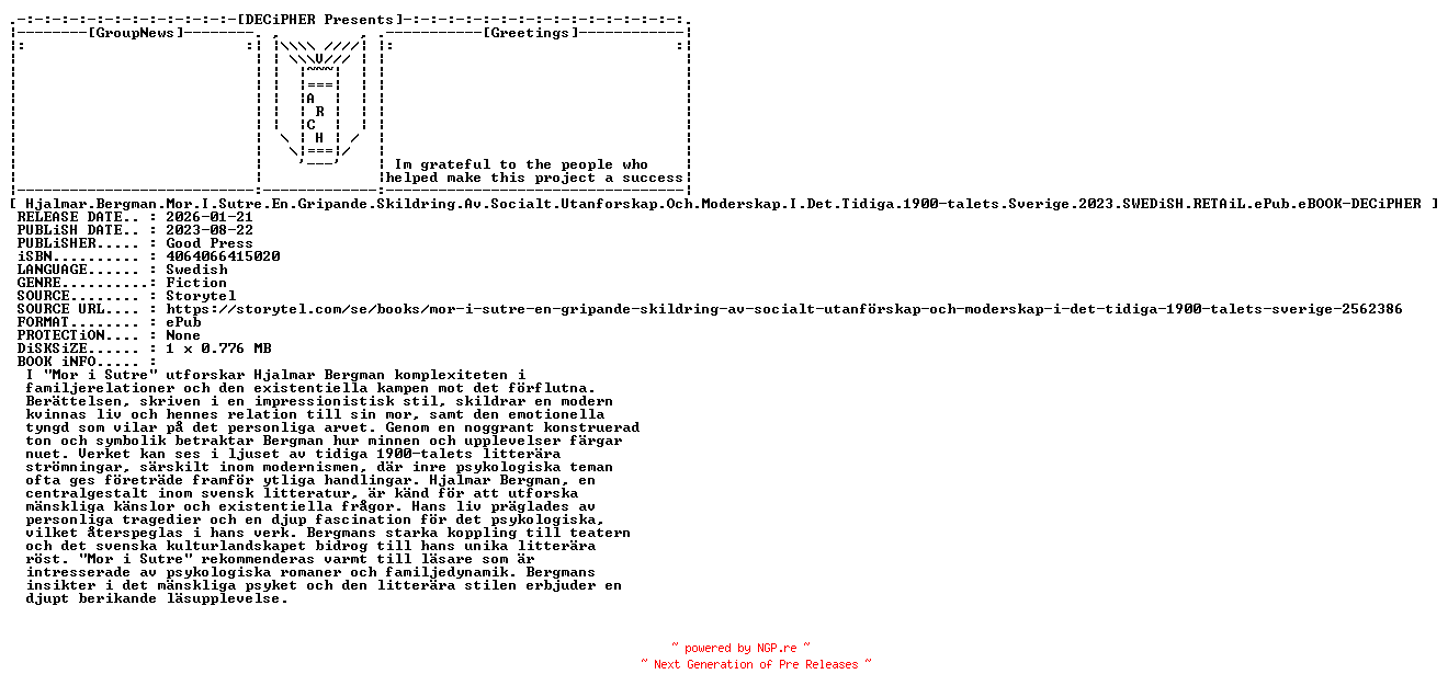 NFO for the release Hjalmar.Bergman.Mor.I.Sutre.En.Gripande.Skildring.Av.Socialt.Utanforskap.Och.Moderskap.I.Det.Tidiga.1900.Talets.Sverige.2023.SWEDiSH.RETAiL.ePub.eBOOK-DECiPHER by DECiPHER