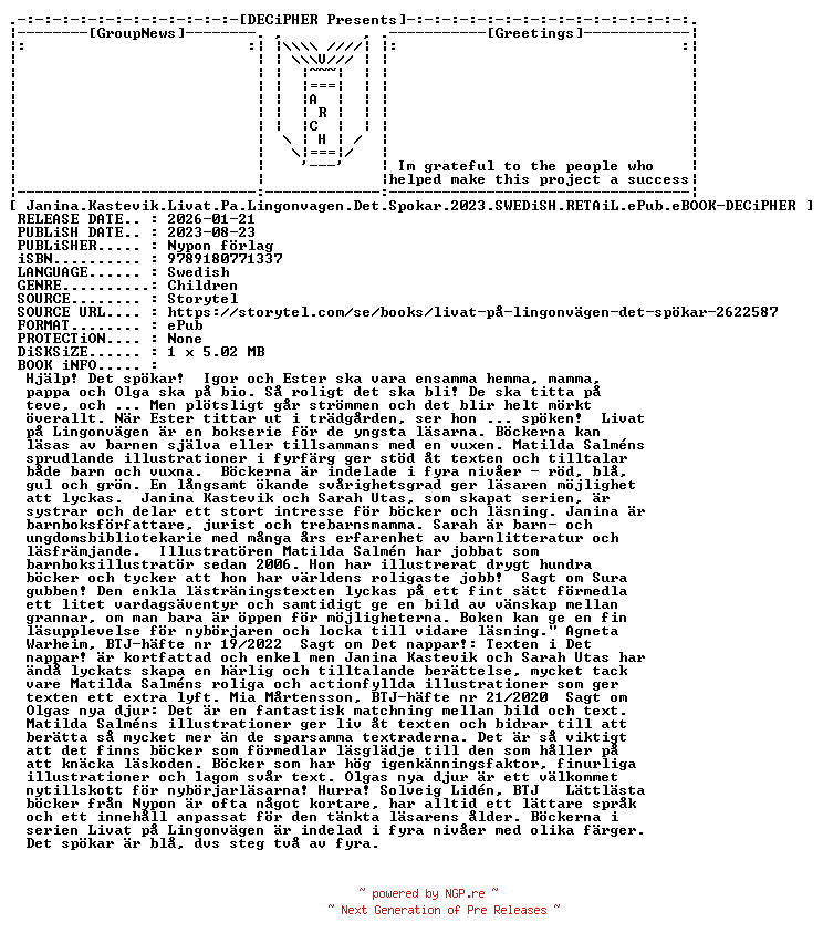 NFO for the release Janina.Kastevik.Livat.Pa.Lingonvagen.Det.Spokar.2023.SWEDiSH.RETAiL.ePub.eBOOK-DECiPHER by DECiPHER
