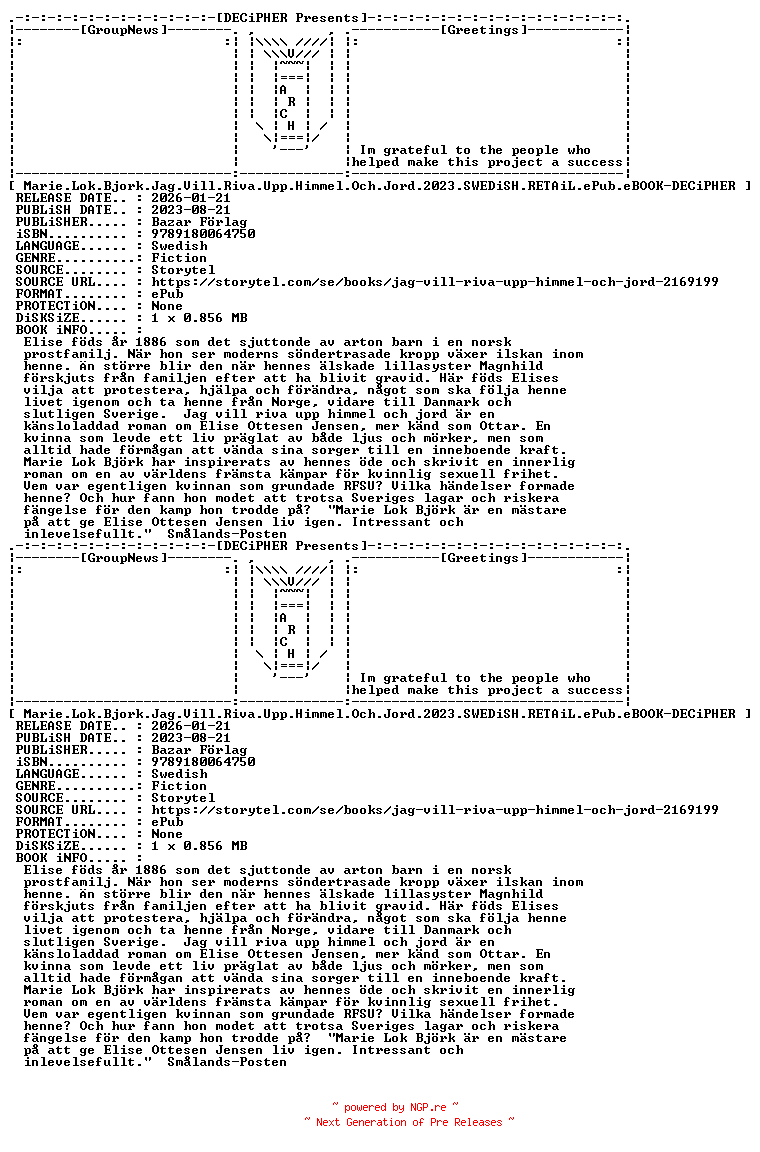 NFO for the release Marie.Lok.Bjork.Jag.Vill.Riva.Upp.Himmel.Och.Jord.2023.SWEDiSH.RETAiL.ePub.eBOOK-DECiPHER by DECiPHER