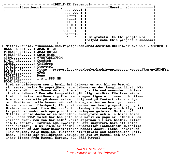 NFO for the release Mattel.Barbie.Prinsessan.And.Popstjarnan.2023.SWEDiSH.RETAiL.ePub.eBOOK-DECiPHER by DECiPHER