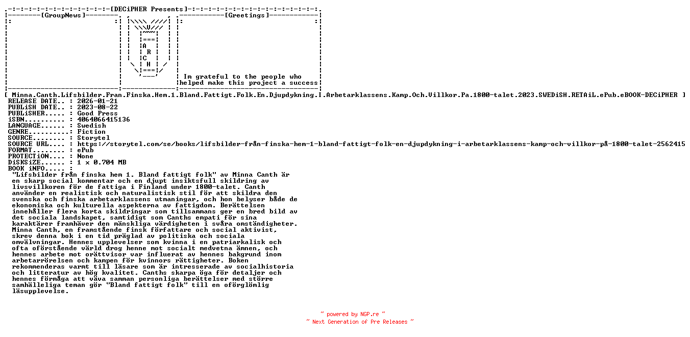NFO for the release Minna.Canth.Lifsbilder.Fran.Finska.Hem.1.Bland.Fattigt.Folk.En.Djupdykning.I.Arbetarklassens.Kamp.Och.Villkor.Pa.1800.Talet.2023.SWEDiSH.RETAiL.ePub.eBOOK-DECiPHER by DECiPHER
