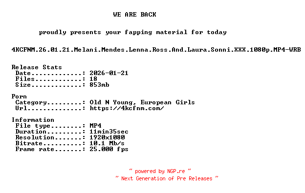 NFO for the release 4KCFNM.26.01.21.Melani.Mendes.Lenna.Ross.And.Laura.Sonni.XXX.1080p.MP4-WRB by WRB