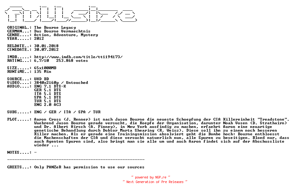 NFO for the release The.Bourne.Legacy.2012.MULTi.COMPLETE.UHD.BLURAY-FULLSiZE by FULLSiZE
