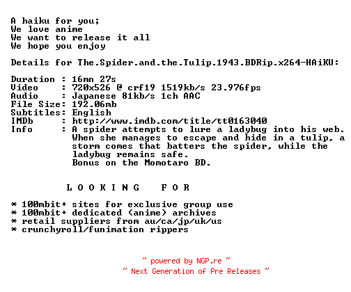NFO for the release The.Spider.and.the.Tulip.1943.BDRip.x264-HAiKU by HAiKU