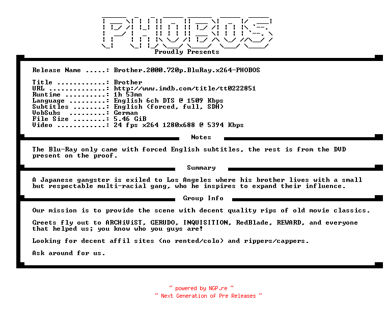 NFO for the release Brother.2000.720p.BluRay.x264-PHOBOS by PHOBOS