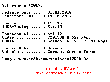 NFO for the release Schneemann.German.2017.AC3.BDRip.x264-COiNCiDENCE by COiNCiDENCE