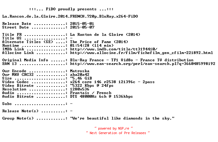 NFO for the release La.Rancon.de.la.Gloire.2014.FRENCH.720p.BluRay.x264-FiDO by FiDO