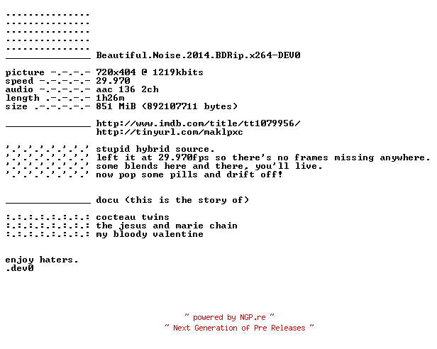NFO for the release Beautiful.Noise.2014.BDRip.x264-DEV0 by DEV0