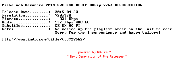 NFO for the release Micke.och.Veronica.2014.SWEDiSH.RERIP.BDRip.x264-RESURRECTION by RESURRECTION