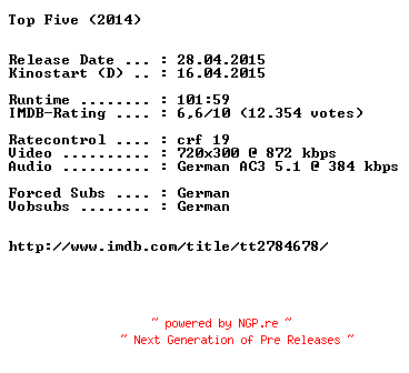 NFO for the release Top.Five.German.BDRiP.x264-EXQUiSiTE by EXQUiSiTE