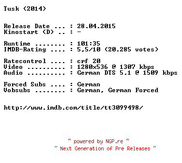 NFO for the release Tusk.2014.German.720p.BluRay.x264-EXQUiSiTE by EXQUiSiTE