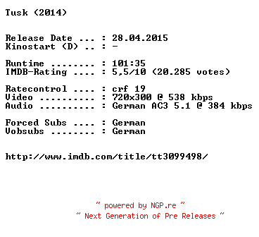 NFO for the release Tusk.German.2014.BDRiP.x264-EXQUiSiTE by EXQUiSiTE