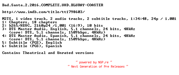 NFO for the release Bad.Santa.2.2016.COMPLETE.UHD.BLURAY-COASTER by COASTER