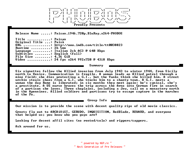 NFO for the release Paisan.1946.720p.BluRay.x264-PHOBOS by PHOBOS