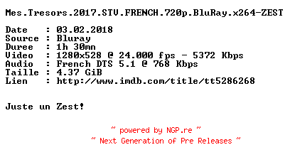 NFO for the release Mes.Tresors.2017.STV.FRENCH.720p.BluRay.x264-ZEST by ZEST