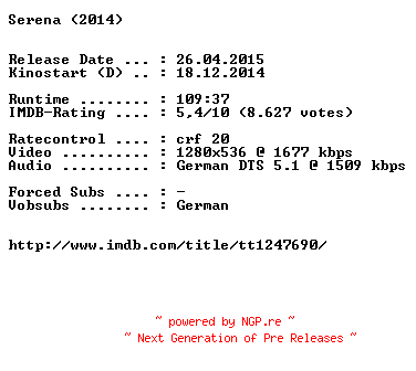NFO for the release Serena.German.720p.BluRay.x264-EXQUiSiTE by EXQUiSiTE