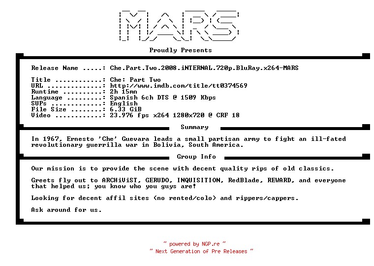 NFO for the release Che.Part.Two.2008.iNTERNAL.720p.BluRay.x264-MARS by MARS