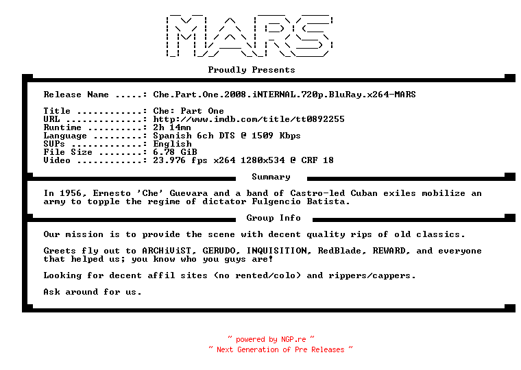NFO for the release Che.Part.One.2008.iNTERNAL.720p.BluRay.x264-MARS by MARS
