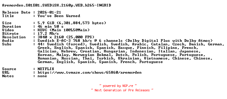 NFO for the release Aremorden.S01E01.SWEDiSH.2160p.WEB.h265-INGRID by INGRID