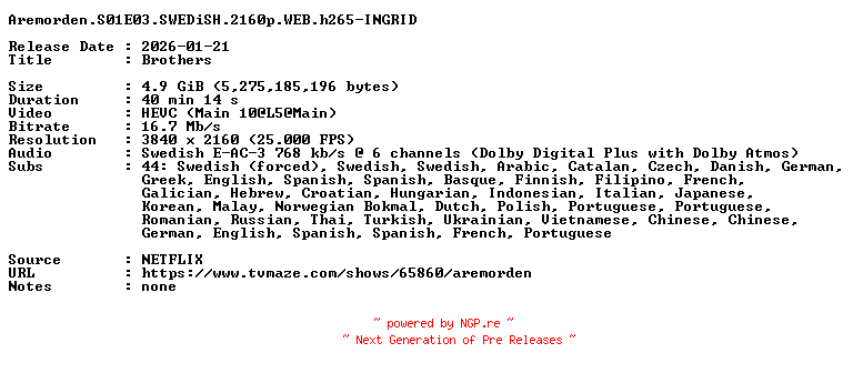 NFO for the release Aremorden.S01E03.SWEDiSH.2160p.WEB.h265-INGRID by INGRID