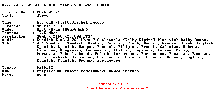 NFO for the release Aremorden.S01E04.SWEDiSH.2160p.WEB.h265-INGRID by INGRID